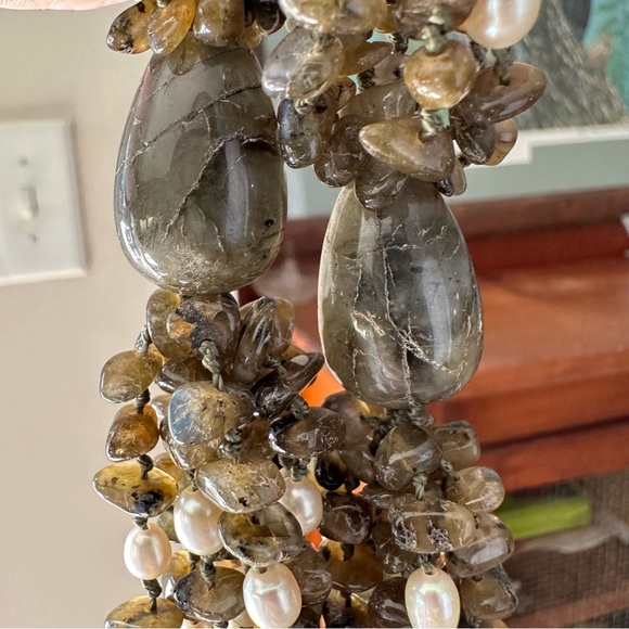 Jaden Labradorite Green Moss & Real Pearl Huge Multi-strand Necklace Heavy Duty - Picture 15 of 16
